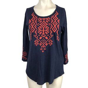 LUCKY BRAND -WOMEN'S SMALL -NAVY LONG SLEEVE ROUND NECK EMBROIDERED TOP